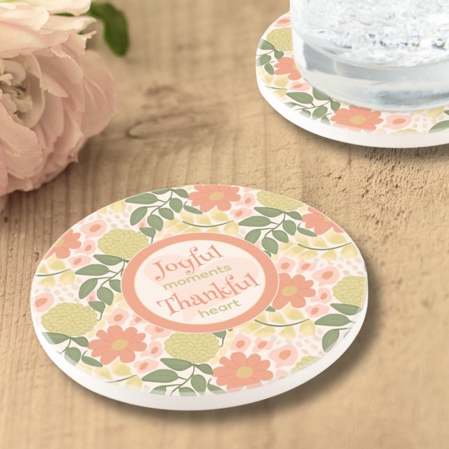Floral Coaster Set – Gratitude-Inspired Home Decor (Joyful & Thankful Round Sandstone Floral Coaster Set – Gratitude-Inspired Home Decor)