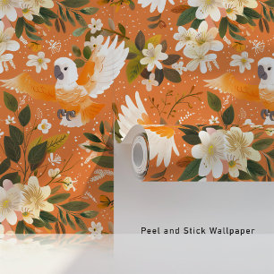 Floral Cockatoos in Orange Bloom Wallpaper