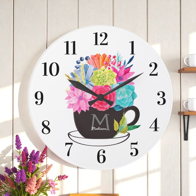 Floral Coffee Cup Red Pink White Kitchen Large Clock (Creator Uploaded)