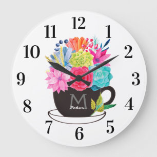 Floral Coffee Cup Red Pink White Kitchen Large Clock