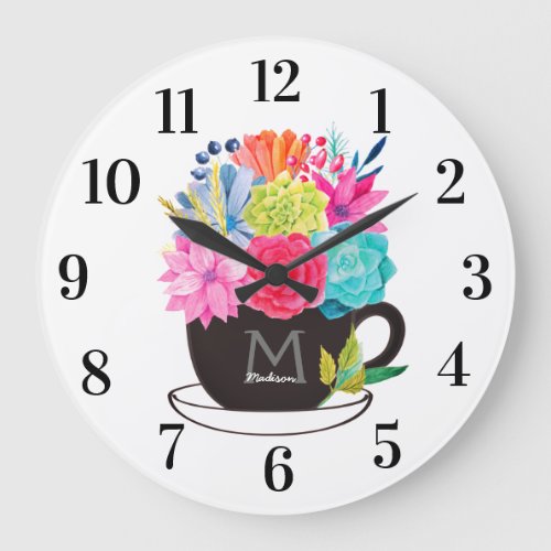 Floral Coffee Cup Red Pink White Kitchen Large Clock