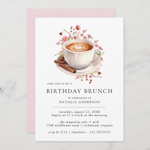 Floral Coffee  Cute Girly Pink Birthday Brunch Invitation
