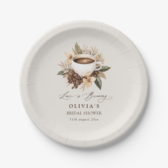 Floral Coffee Love is Brewing Bridal Shower Paper Plates (Front)
