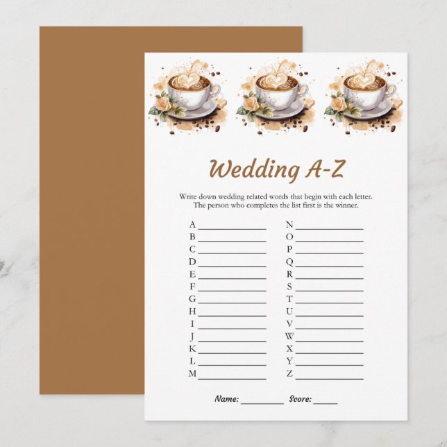 Floral Coffee Wedding A-Z Bridal Shower Game Card  (Front/Back)