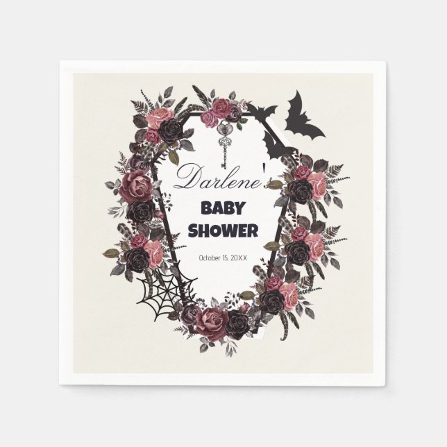Floral Coffin Halloween Baby Shower Napkins (Front)