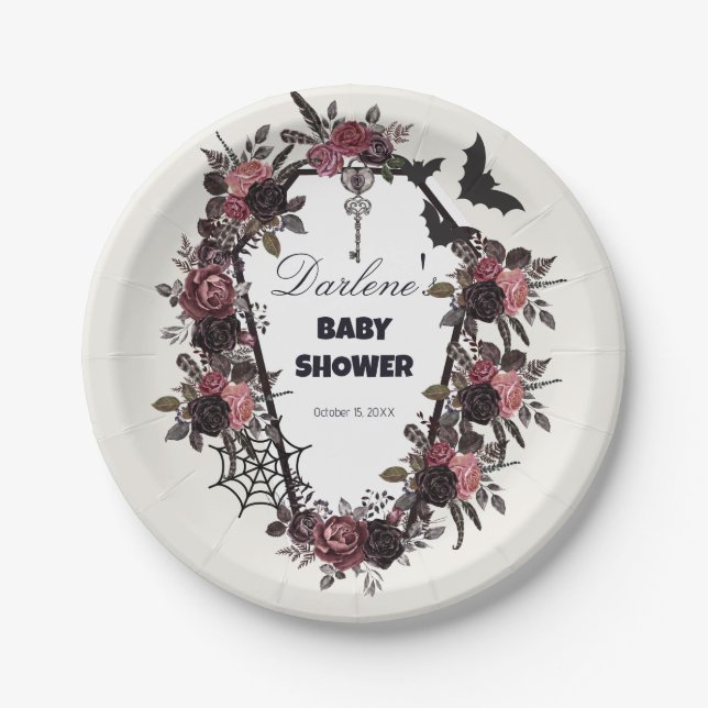 Floral Coffin Halloween Baby Shower Paper Plates (Front)