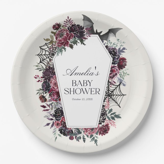 Floral Coffin Halloween Baby Shower Paper Plates (Front)