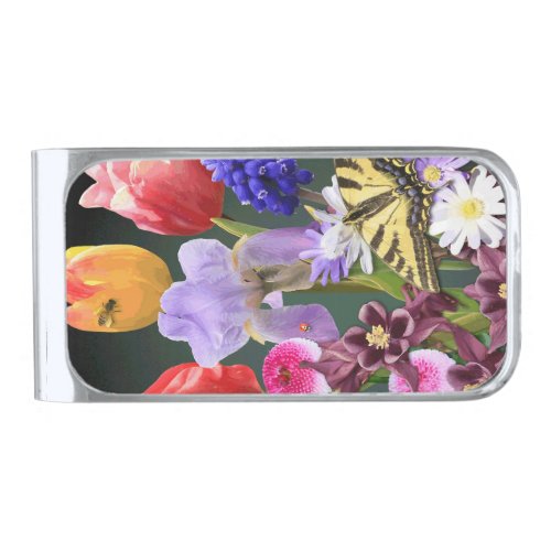 Floral collage silver finish money clip