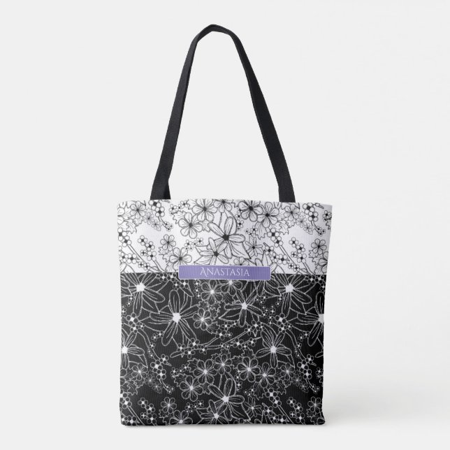 Floral Color Block Pattern Black White with Name Tote Bag (Back)