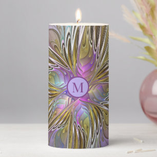 Floral Colorful Abstract Art Pink Gold Monogram Pillar Candle
