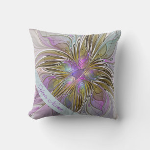 Floral Colorful Abstract Art With Pink & Gold Name Throw Pillow