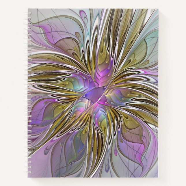 Floral Colorful Abstract Fractal Art Pink & Gold Notebook (Front)
