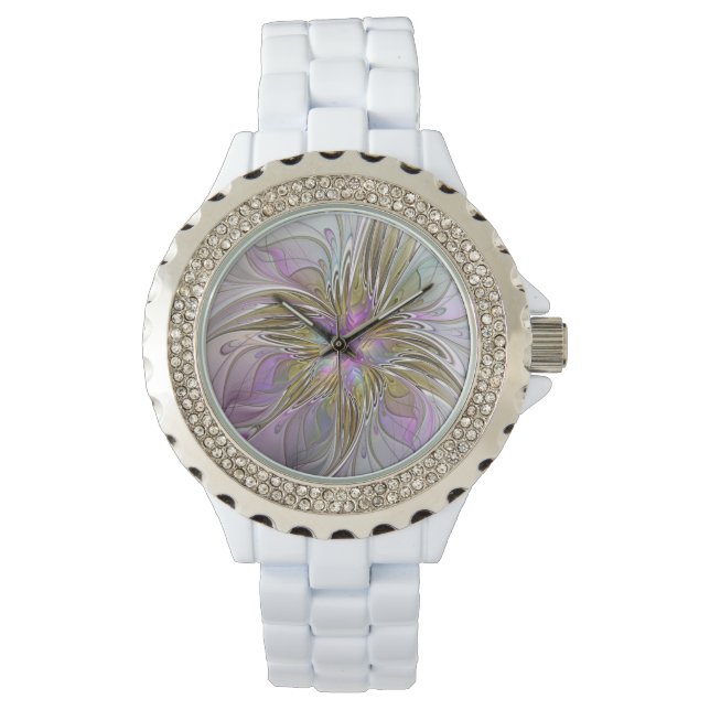 Floral Colorful Abstract Fractal Art Pink & Gold Watch (Front)