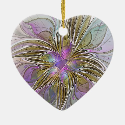 Floral Colorful Abstract Fractal Pink  Gold Heart Ceramic Ornament