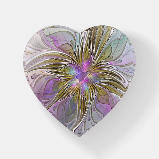 Floral Colorful Abstract Fractal Pink & Gold Heart Paperweight (Front)