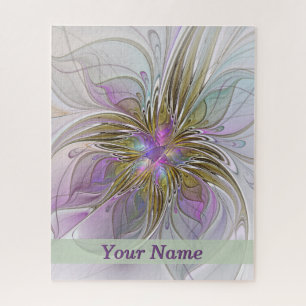 Floral Colorful Abstract Fractal Pink & Gold Name Jigsaw Puzzle