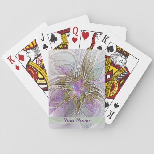 Floral Colorful Abstract Fractal Pink  Gold Name Playing Cards