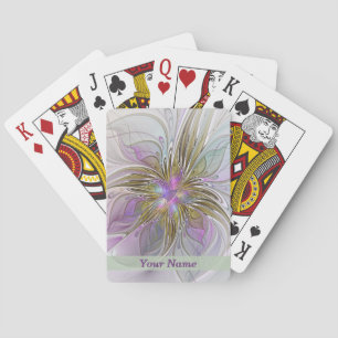 Floral Colorful Abstract Fractal Pink & Gold Name Poker Cards