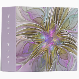 Floral Colorful Abstract Fractal Pink & Gold Text 3 Ring Binder
