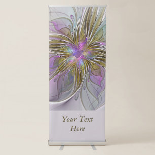 Floral Colorful Abstract Fractal Pink & Gold Text Retractable Banner