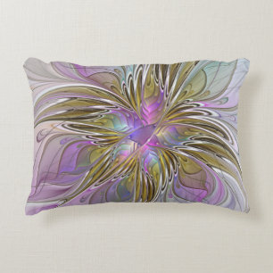 Floral Colorful Abstract Fractal With Pink & Gold Accent Pillow