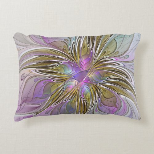 Floral Colorful Abstract Fractal With Pink  Gold Accent Pillow