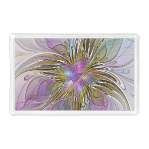 Floral Colorful Abstract Fractal With Pink & Gold Acrylic Tray