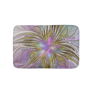 Floral Colorful Abstract Fractal With Pink & Gold Bath Mat