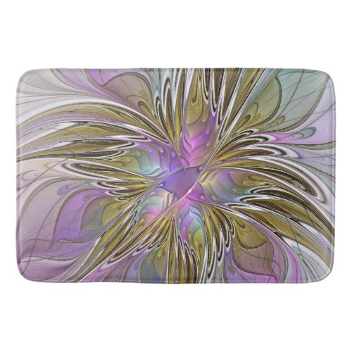 Floral Colorful Abstract Fractal With Pink  Gold Bath Mat