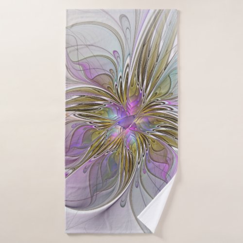 Floral Colorful Abstract Fractal With Pink  Gold Bath Towel