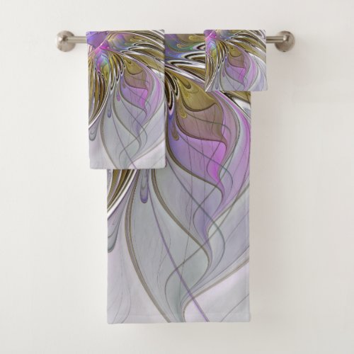 Floral Colorful Abstract Fractal With Pink  Gold Bath Towel Set