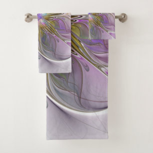 Floral Colorful Abstract Fractal With Pink & Gold Bath Towel Set