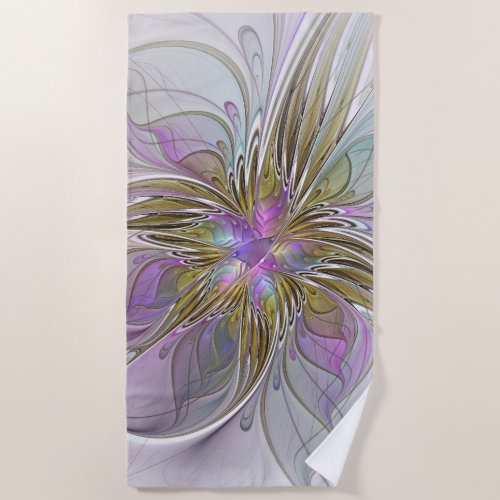 Floral Colorful Abstract Fractal With Pink  Gold Beach Towel