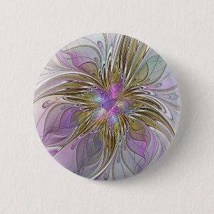 Floral Colorful Abstract Fractal With Pink & Gold Button