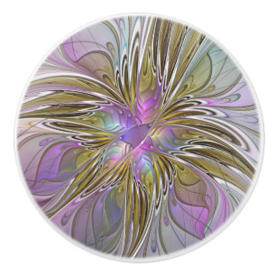 Floral Colorful Abstract Fractal With Pink & Gold Ceramic Knob