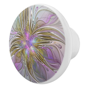 Floral Colorful Abstract Fractal With Pink & Gold Ceramic Knob