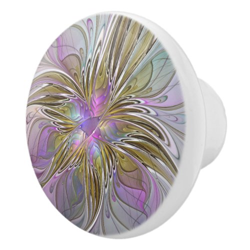 Floral Colorful Abstract Fractal With Pink  Gold Ceramic Knob