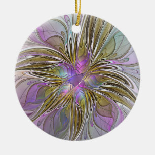 Floral Colorful Abstract Fractal With Pink & Gold Ceramic Ornament