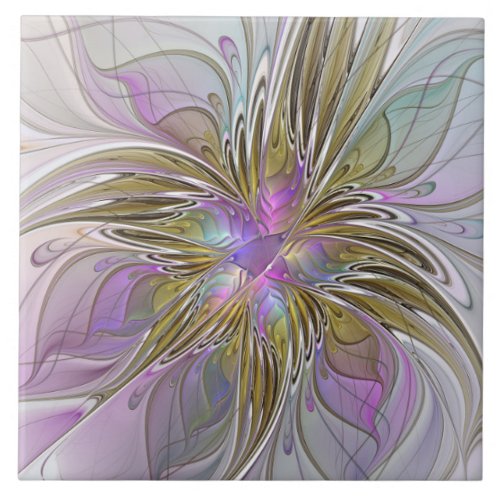 Floral Colorful Abstract Fractal With Pink  Gold Ceramic Tile