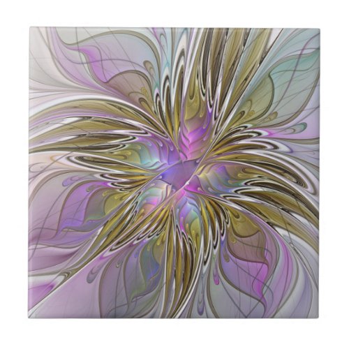 Floral Colorful Abstract Fractal With Pink  Gold Ceramic Tile