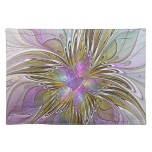 Floral Colorful Abstract Fractal With Pink & Gold Cloth Placemat
