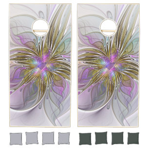 Floral Colorful Abstract Fractal With Pink & Gold Cornhole Set