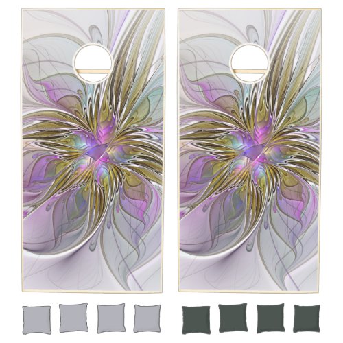 Floral Colorful Abstract Fractal With Pink  Gold Cornhole Set