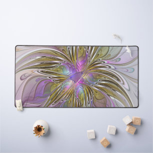 Floral Colorful Abstract Fractal With Pink & Gold Desk Mat