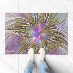 Floral Colorful Abstract Fractal With Pink & Gold Doormat