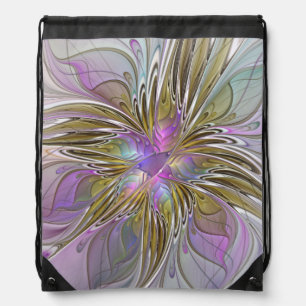 Floral Colorful Abstract Fractal With Pink & Gold Drawstring Bag