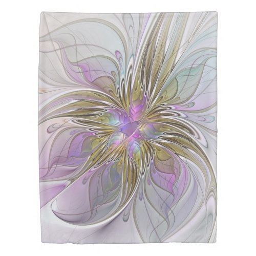 Floral Colorful Abstract Fractal With Pink  Gold Duvet Cover