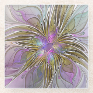 Floral Colorful Abstract Fractal With Pink & Gold Glass Coaster
