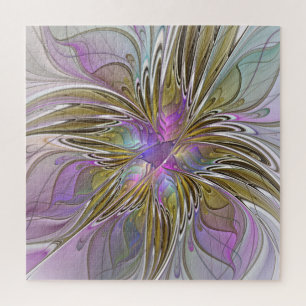 Floral Colorful Abstract Fractal With Pink & Gold Jigsaw Puzzle