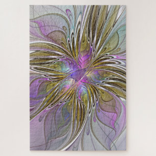 Floral Colorful Abstract Fractal With Pink & Gold Jigsaw Puzzle